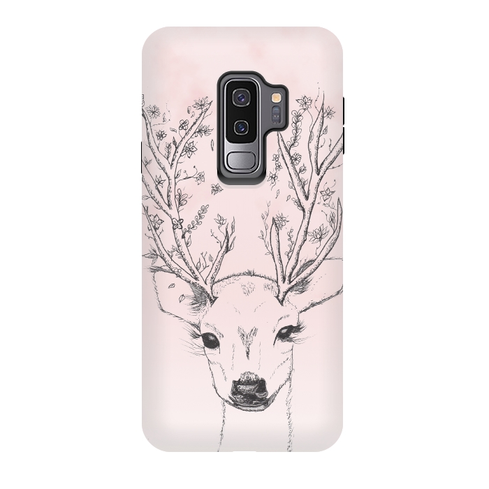 Galaxy S9 plus StrongFit Cute Handdrawn Floral Deer Antlers Pink by Girly Trend