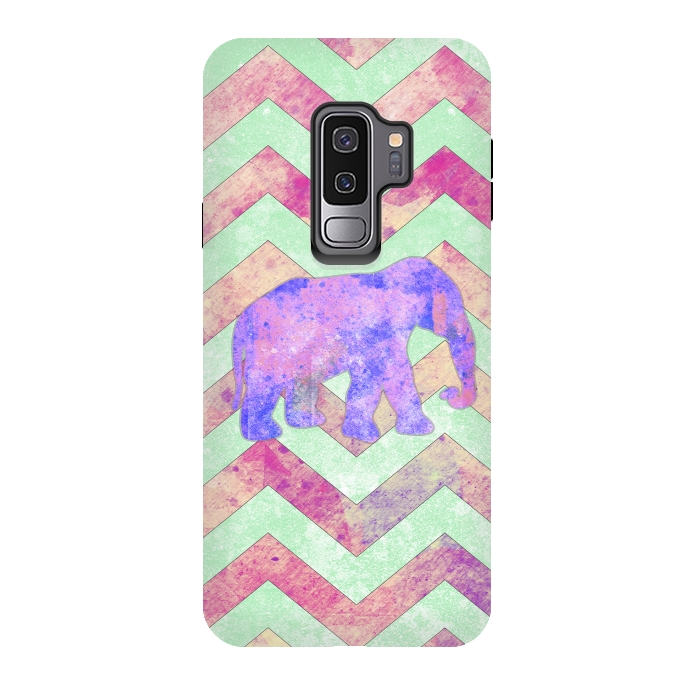 Galaxy S9 plus StrongFit Elephant Mint Green Chevron Pink Watercolor by Girly Trend