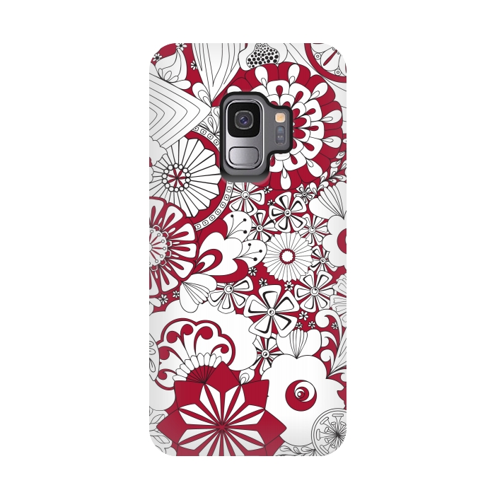 Galaxy S9 StrongFit 70s Flowers - Red and White by Paula Ohreen