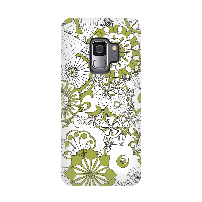 Galaxy S9 StrongFit 70s Flowers - Green and White by Paula Ohreen