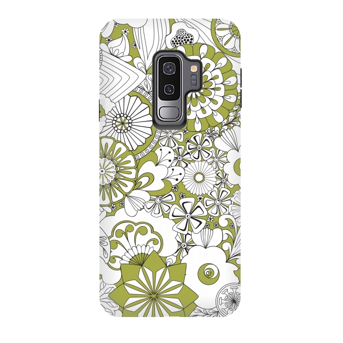 Galaxy S9 plus StrongFit 70s Flowers - Green and White by Paula Ohreen