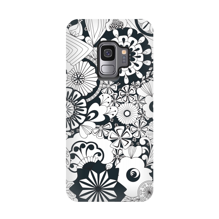 Galaxy S9 StrongFit 70s Flowers - Navy and White by Paula Ohreen
