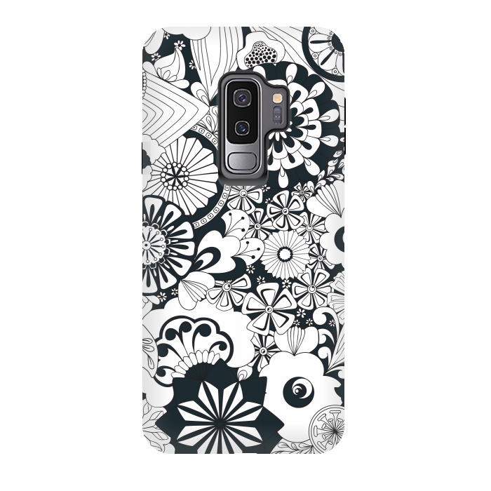Galaxy S9 plus StrongFit 70s Flowers - Navy and White by Paula Ohreen