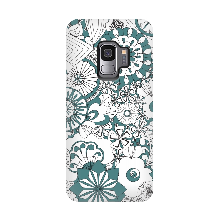 Galaxy S9 StrongFit 70s Flowers - Blue and White by Paula Ohreen