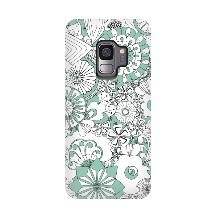 Galaxy S9 StrongFit 70s Flowers - Mint Green and White by Paula Ohreen