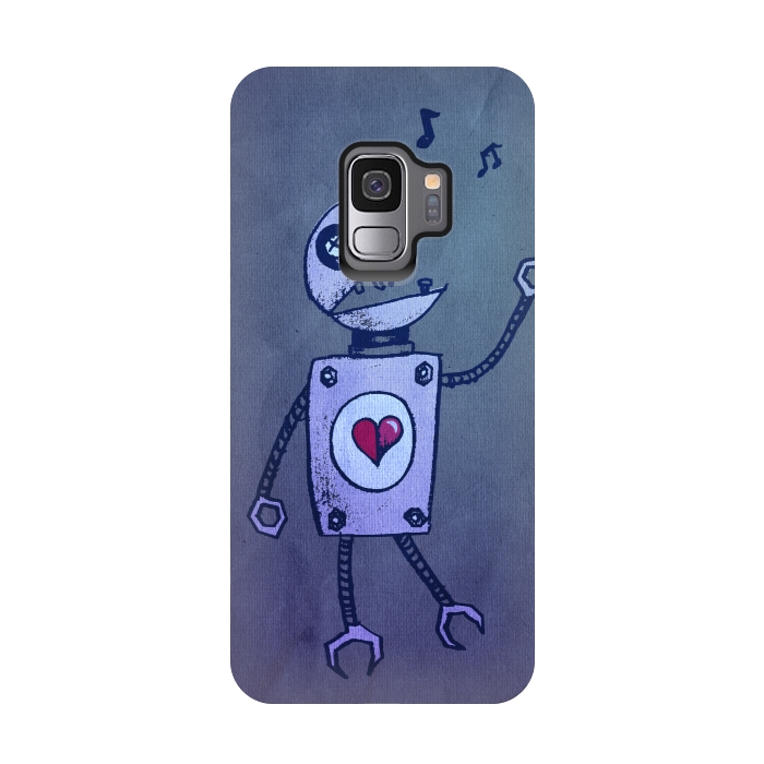 Galaxy S9 StrongFit Blue Happy Cartoon Singing Robot by Boriana Giormova
