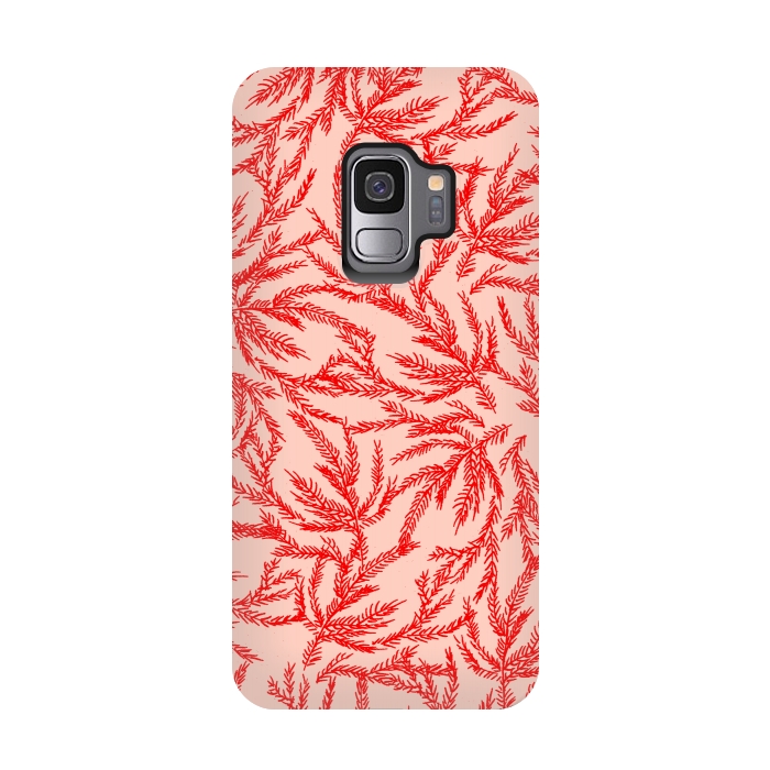 Galaxy S9 StrongFit Red and Pink Coral Ferns by Caitlin Workman