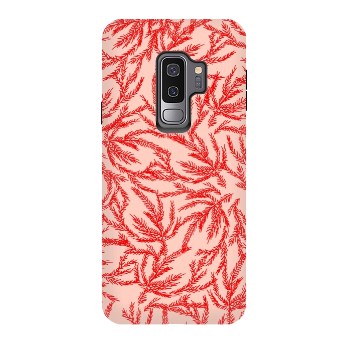 Galaxy S9 plus StrongFit Red and Pink Coral Ferns by Caitlin Workman