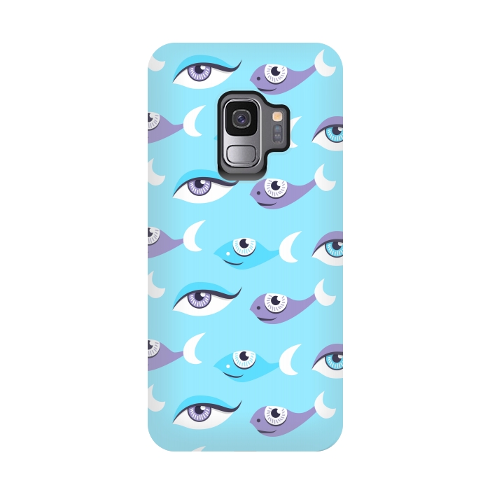 Galaxy S9 StrongFit Pattern of purple and blue eyes and fish in sea by Boriana Giormova