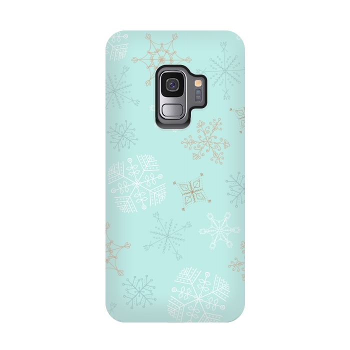Galaxy S9 StrongFit Wintery Gold Snowflakes on Blue by Paula Ohreen