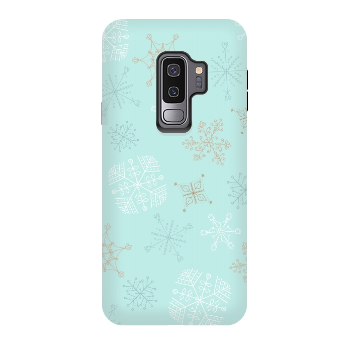Galaxy S9 plus StrongFit Wintery Gold Snowflakes on Blue by Paula Ohreen