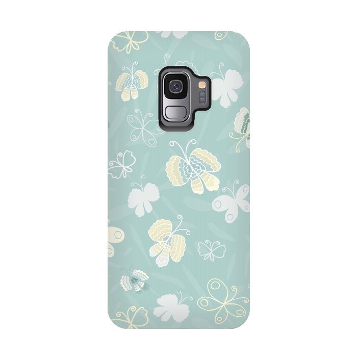 Galaxy S9 StrongFit Pretty Yellow and White Butterflies on Teal by Paula Ohreen