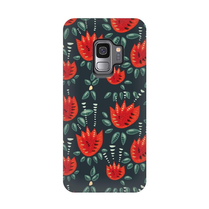 Galaxy S9 StrongFit Red Tulips Dark Floral Pattern by Boriana Giormova