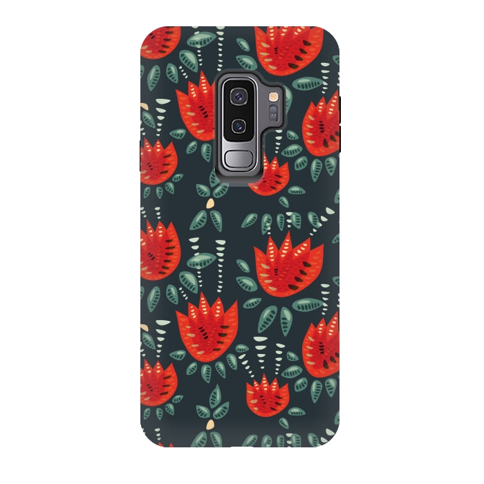 Galaxy S9 plus StrongFit Red Tulips Dark Floral Pattern by Boriana Giormova