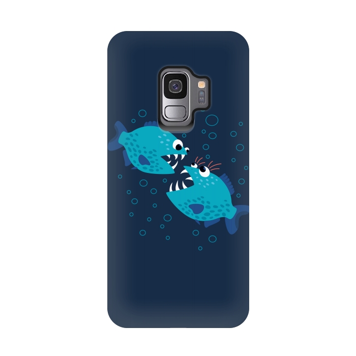 Galaxy S9 StrongFit Gossiping Blue Cartoon Piranha Fish by Boriana Giormova
