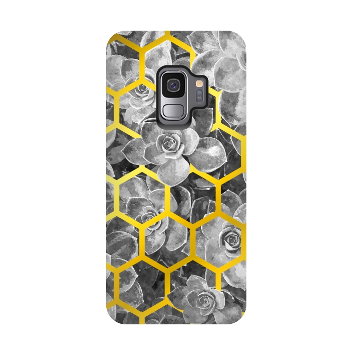 Galaxy S9 StrongFit Black and White Succulent Gold Geometric by Alemi
