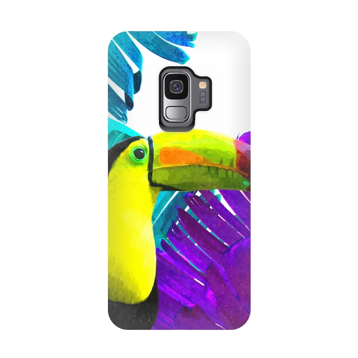 Galaxy S9 StrongFit Tropical Toucan Palm Leaves by Alemi