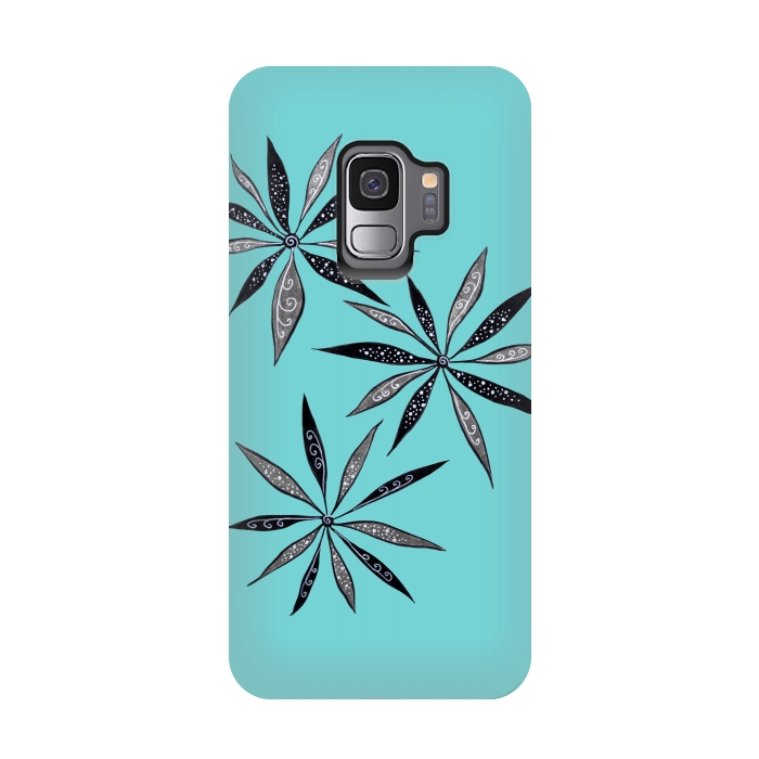 Galaxy S9 StrongFit Elegant Thin Flowers With Dots And Swirls On Blue by Boriana Giormova