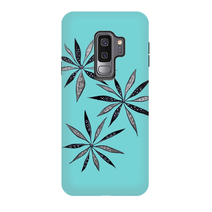 Galaxy S9 plus StrongFit Elegant Thin Flowers With Dots And Swirls On Blue by Boriana Giormova