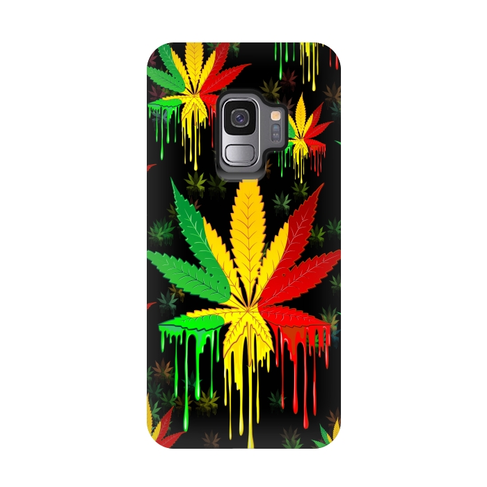 Galaxy S9 StrongFit Marijuana Leaf Rasta Colors Dripping Paint by BluedarkArt