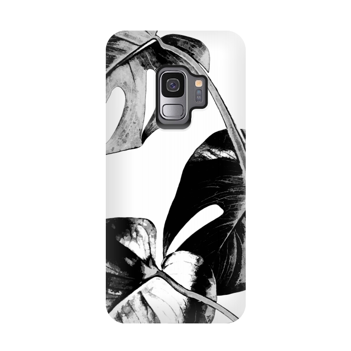 Galaxy S9 StrongFit Black Monstera Leaves by Alemi