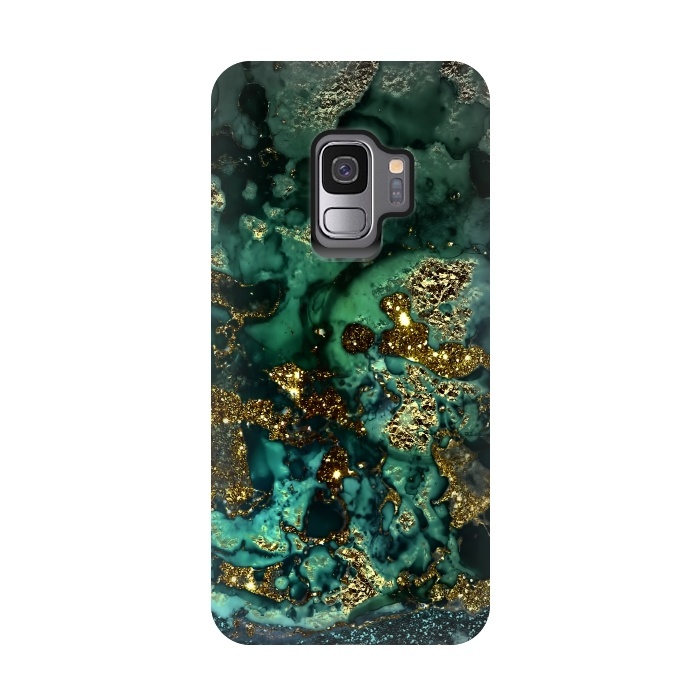 Galaxy S9 StrongFit Indigo Green and Gold Glitter Ink Marble by  Utart
