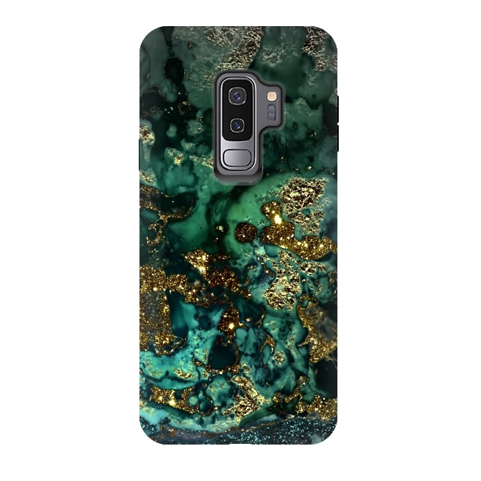 Galaxy S9 plus StrongFit Indigo Green and Gold Glitter Ink Marble by  Utart