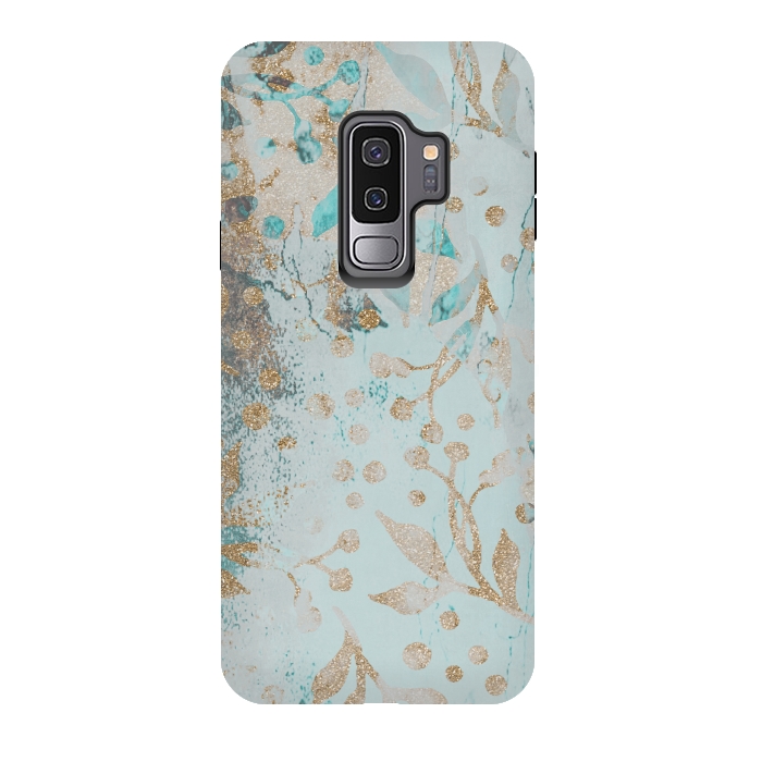 Galaxy S9 plus StrongFit  Botanical  Pattern Teal And Gold by Andrea Haase