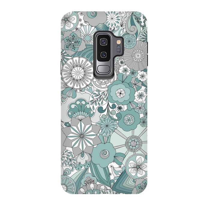 Galaxy S9 plus StrongFit Flowers, Flowers Everywhere Teal and Gray by Paula Ohreen