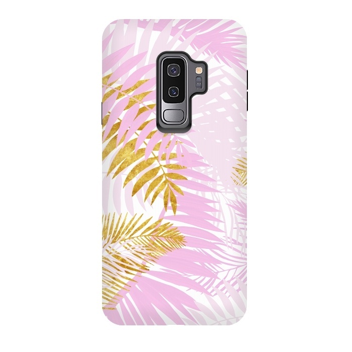 Galaxy S9 plus StrongFit Pink and Gold Palm Leaves by  Utart