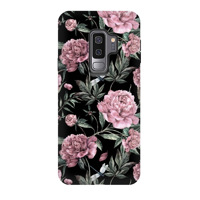 Galaxy S9 plus StrongFit Black and Pink Peony Pattern by  Utart