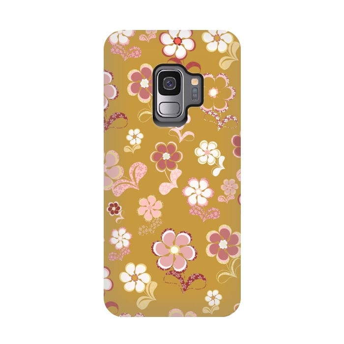 Galaxy S9 StrongFit 60s Flowers in Mustard and Pink by Paula Ohreen