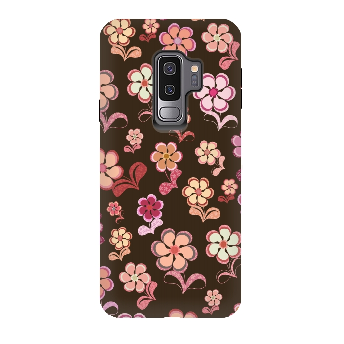 Galaxy S9 plus StrongFit 60s Flowers on Chocolate Brown by Paula Ohreen