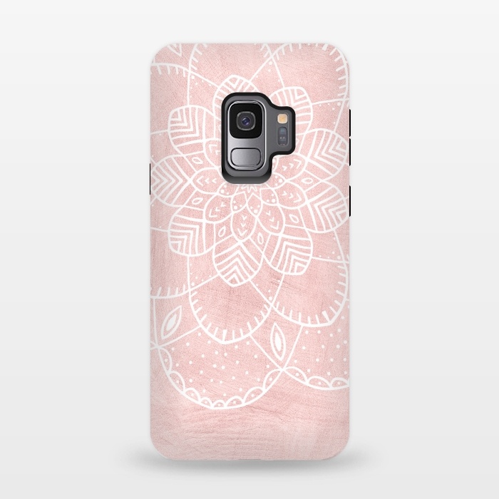 Galaxy S9 StrongFit White Mandala on Pink Faux Marble by  Utart