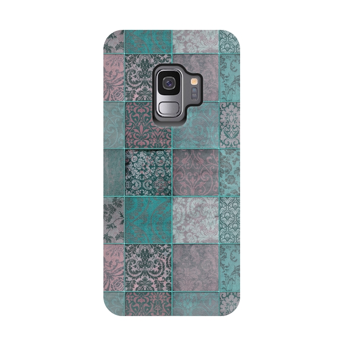 Galaxy S9 StrongFit Vintage Teal Patchwork by Andrea Haase