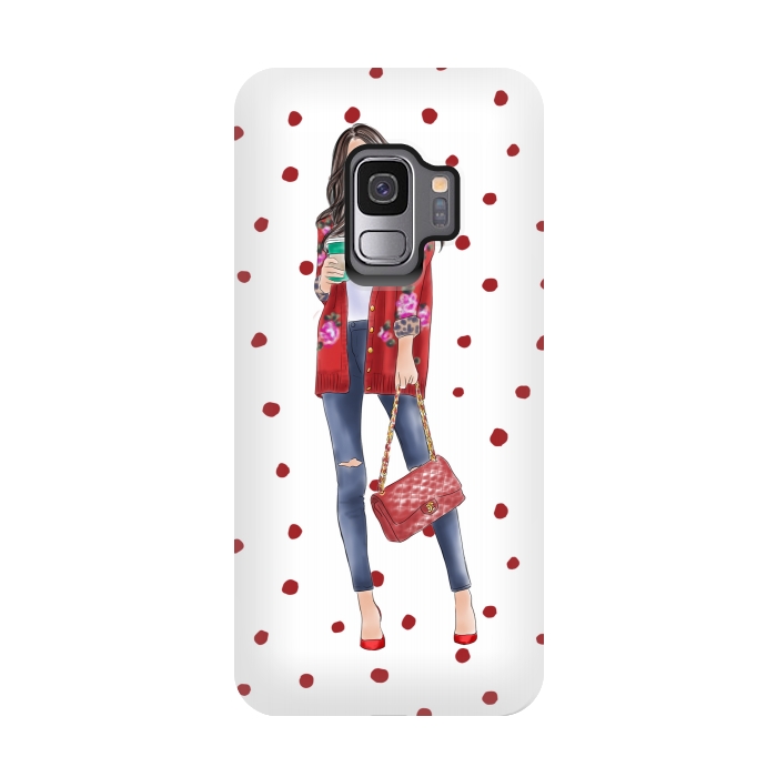 Galaxy S9 StrongFit Coffee City Girl with Red Polka Dots by DaDo ART