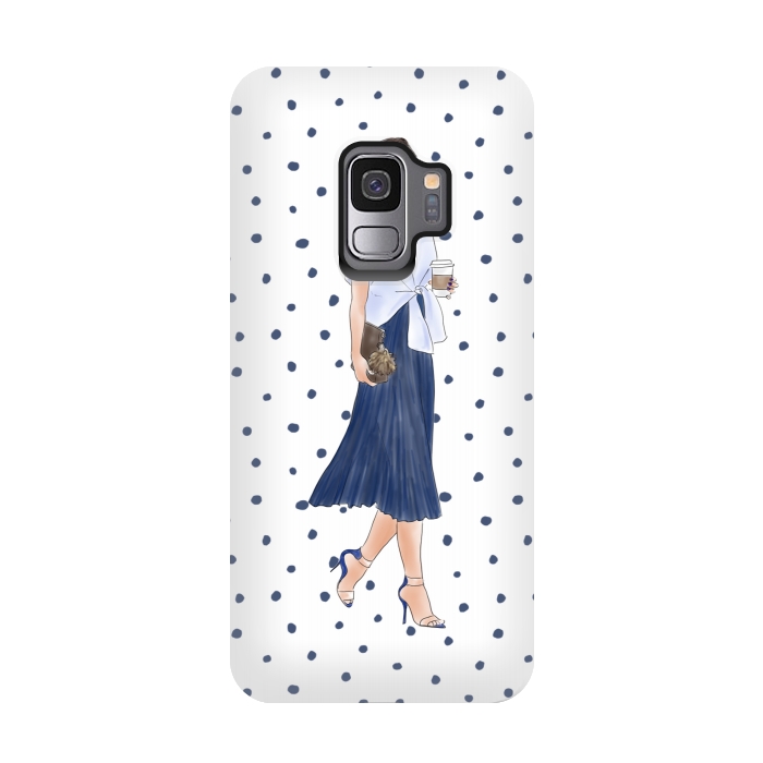 Galaxy S9 StrongFit Fashion Coffee Girl with Blue Polka Dots by DaDo ART
