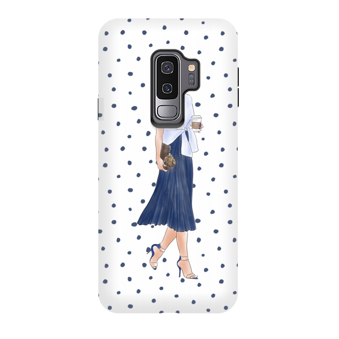 Galaxy S9 plus StrongFit Fashion Coffee Girl with Blue Polka Dots by DaDo ART