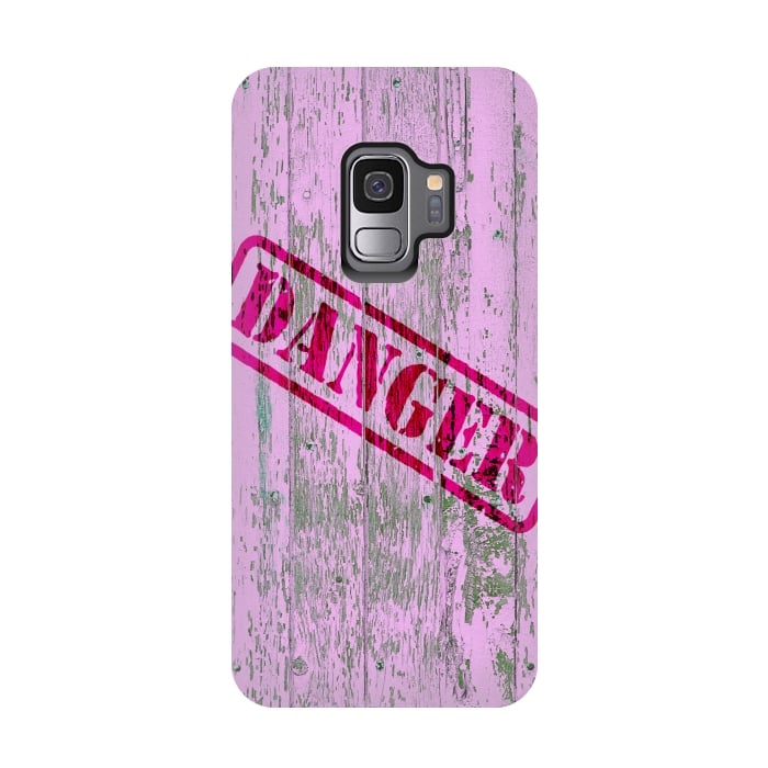 Galaxy S9 StrongFit Pink Danger Sign On Old Wooden Planks by Andrea Haase