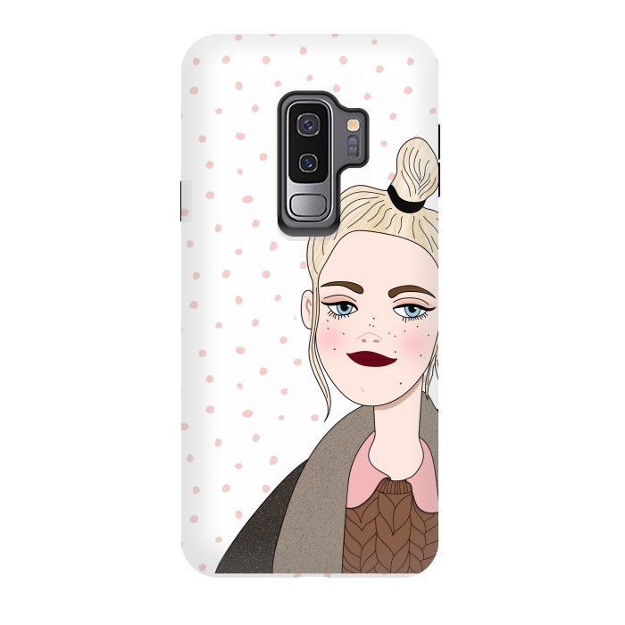 Galaxy S9 plus StrongFit Long Hair Fashion Girl with Pink Polka Dots by DaDo ART