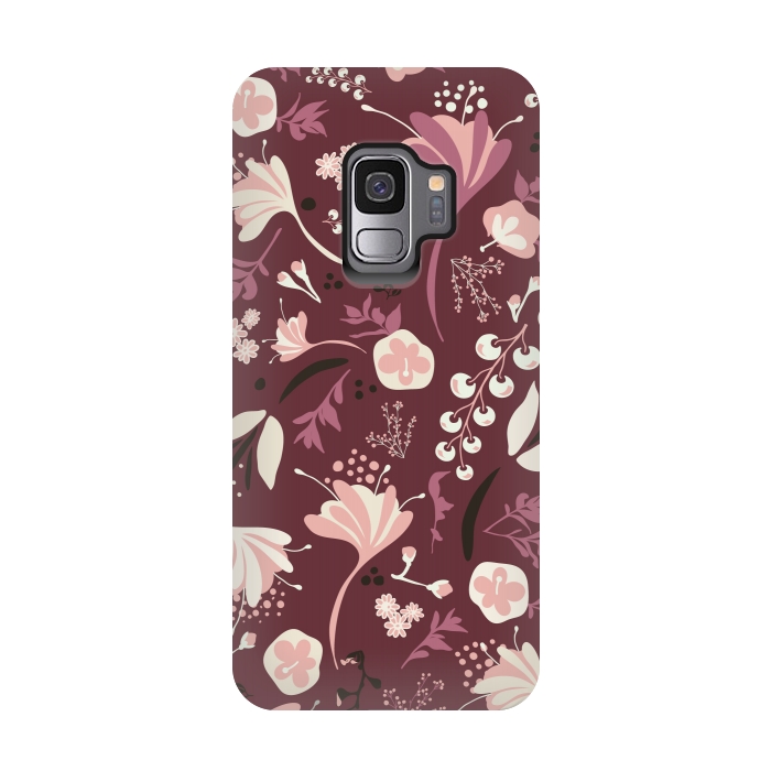 Galaxy S9 StrongFit Beautiful Blooms on Burgundy by Paula Ohreen