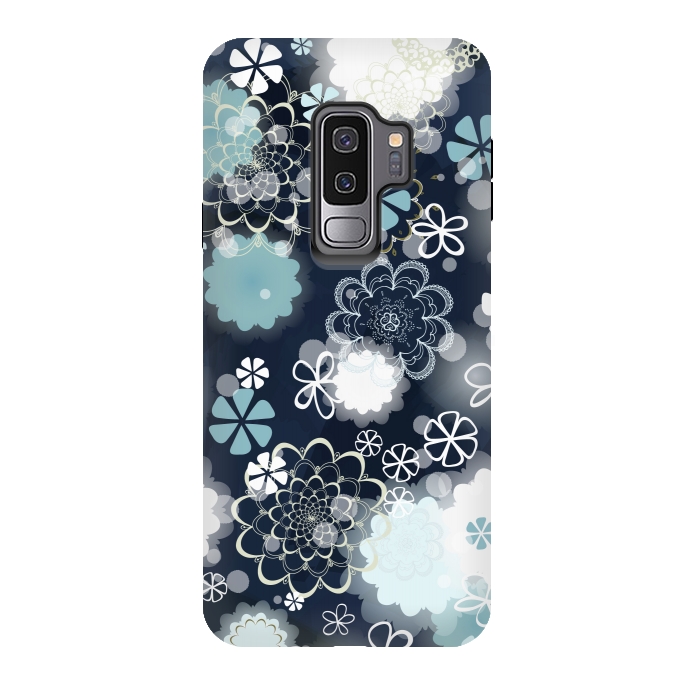 Galaxy S9 plus StrongFit Lacy Flowers on Dark Blue by Paula Ohreen