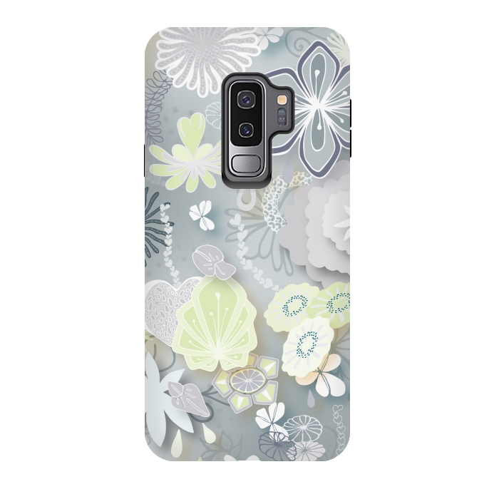 Galaxy S9 plus StrongFit Paper-Cut Florals on Grey by Paula Ohreen