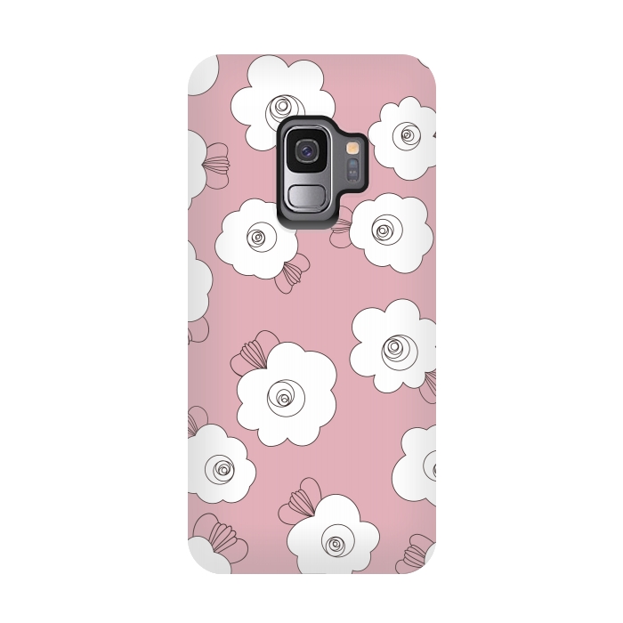 Galaxy S9 StrongFit Fluffy Flowers - White on Pink by Paula Ohreen