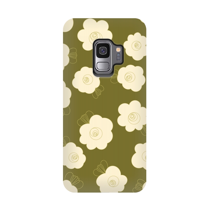 Galaxy S9 StrongFit Fluffy Flowers - Cream on Olive Green by Paula Ohreen