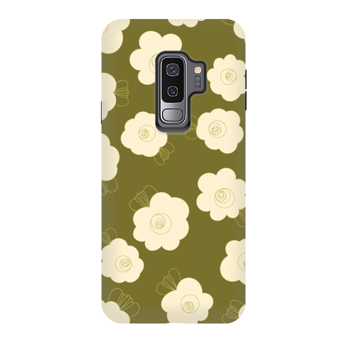 Galaxy S9 plus StrongFit Fluffy Flowers - Cream on Olive Green by Paula Ohreen