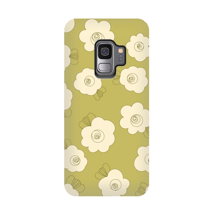 Galaxy S9 StrongFit Fluffy Flowers - Cream on Sap Green by Paula Ohreen