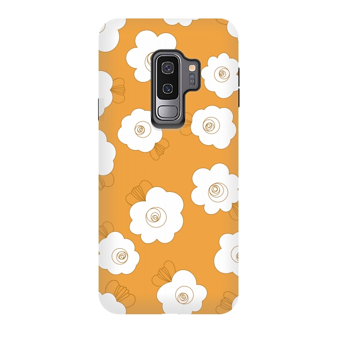 Galaxy S9 plus StrongFit Fluffy Flowers - White on Pumpkin Orange by Paula Ohreen