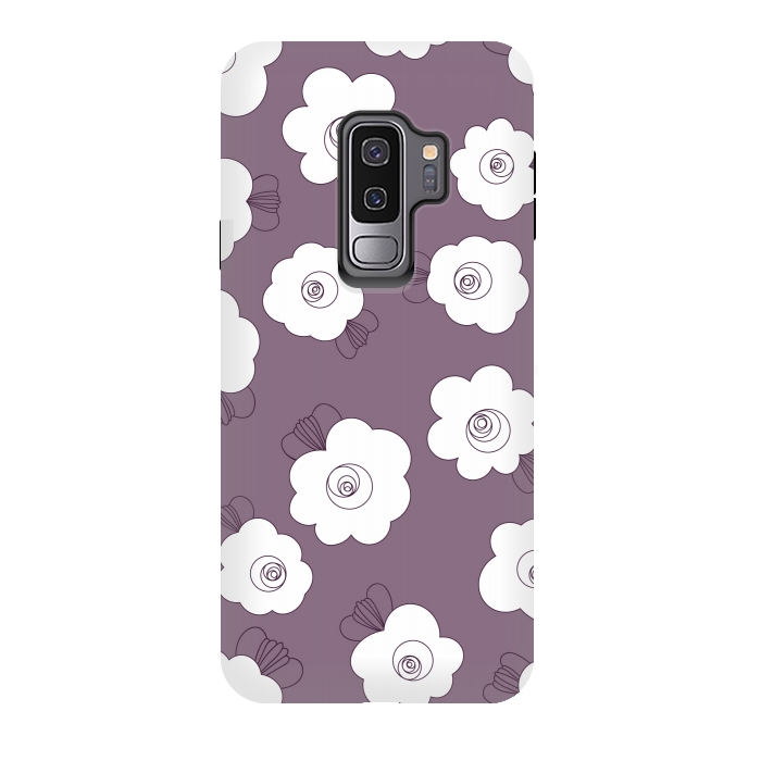 Galaxy S9 plus StrongFit Fluffy Flowers - White on Grape Purple by Paula Ohreen