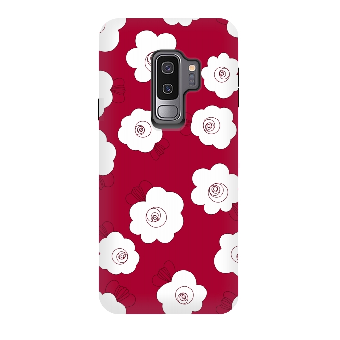 Galaxy S9 plus StrongFit Fluffy Flowers - White on Red by Paula Ohreen